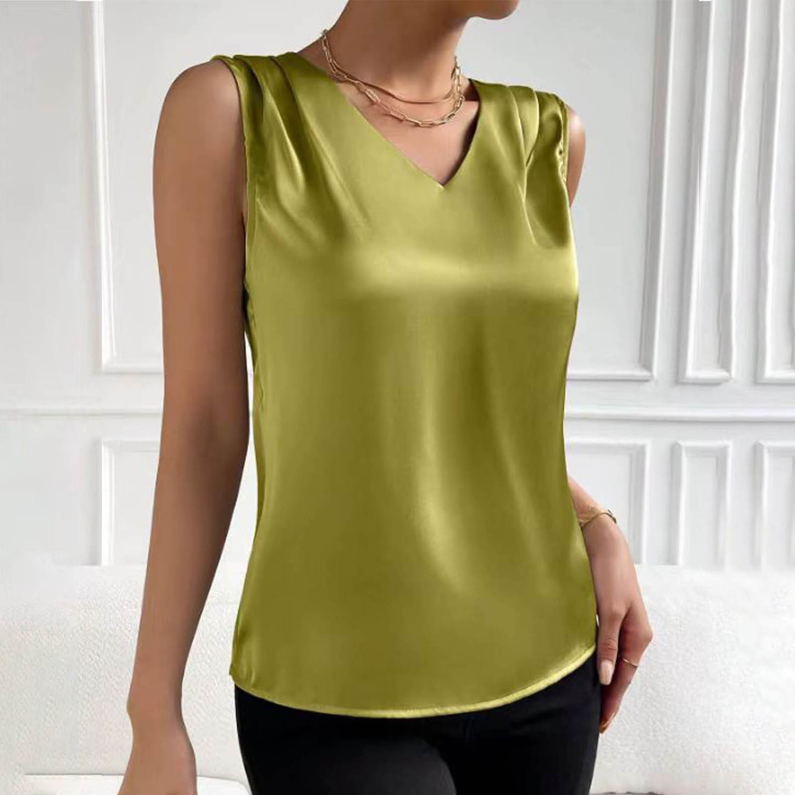 thumbnail image 3 of Top sin mangas de satén con cuello en V para mujer, para el verano, blusa informal transpirable de poliéster de color liso, 3 of 6